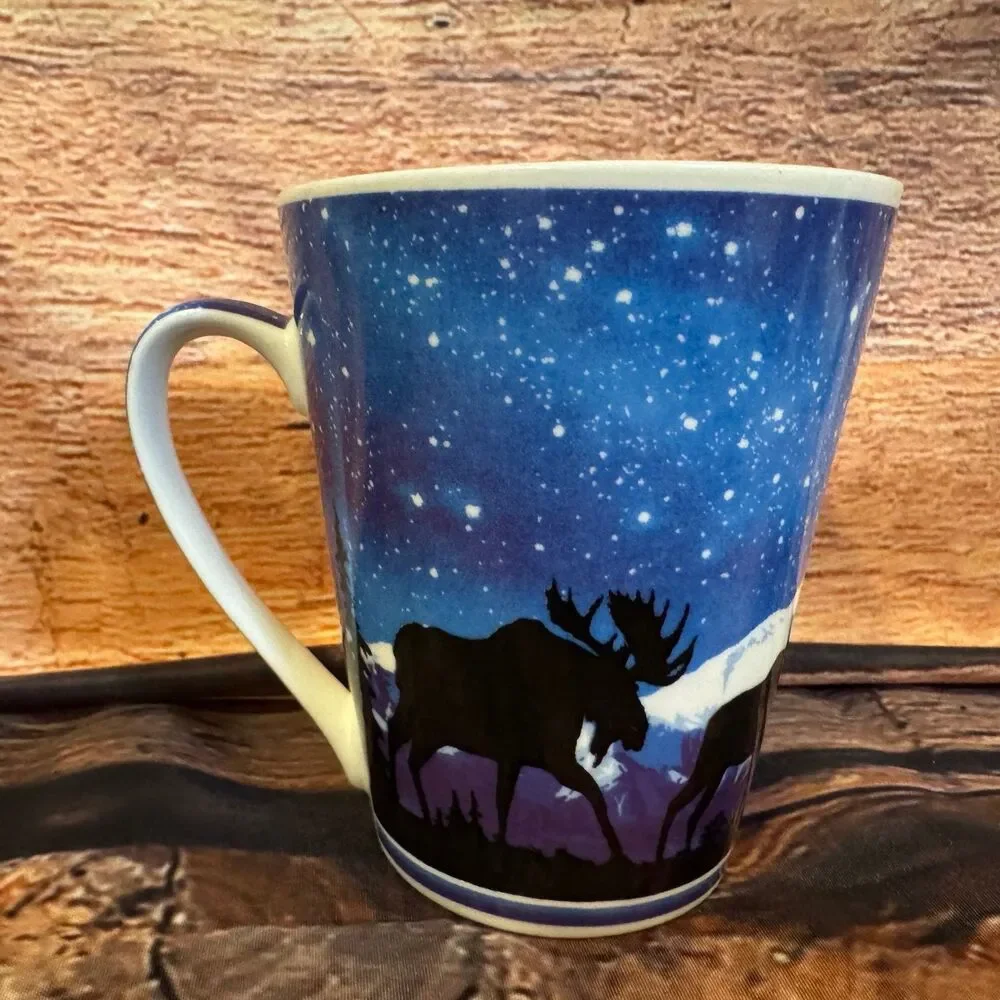 Alaska Moose Mug Blue White 15oz Ceramic Starry Night Mountains Souvenir